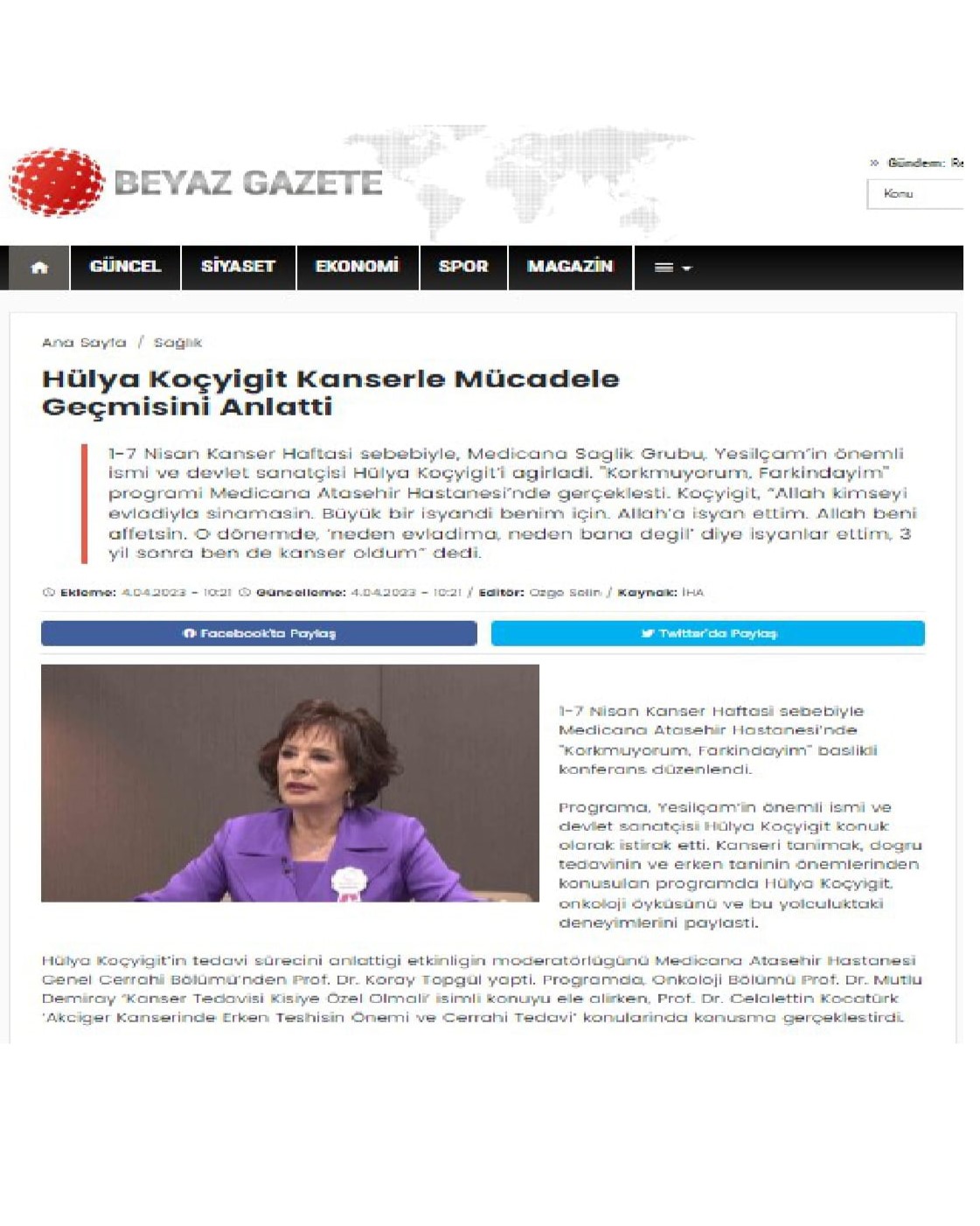 BEYAZ GAZETE-Hülya Koçyiğit Kanserle Mücadele